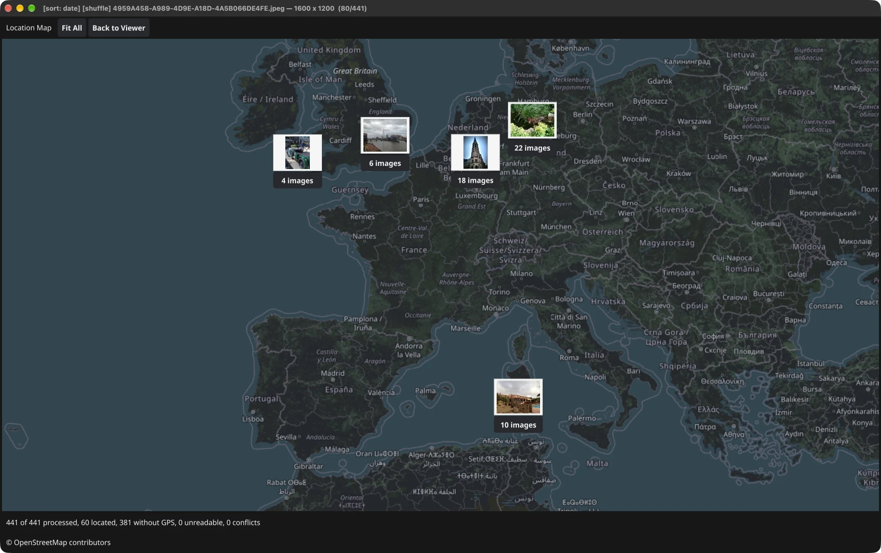 PicFetch's Location Map showing photo thumbnails and numbered clusters across Europe, with Fit All and Back to Viewer controls