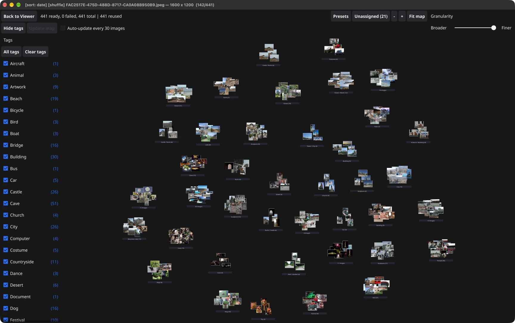 Similarity Explorer showing stacks of related photos, subject filters and a granularity control for adjusting the grouping